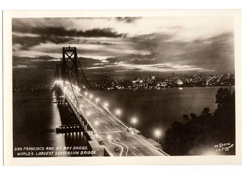Vintage San Francisco Bay Bridge at Night J K Piggott 1930s Real Photo Postcard Number 1248 - Avid Vintage