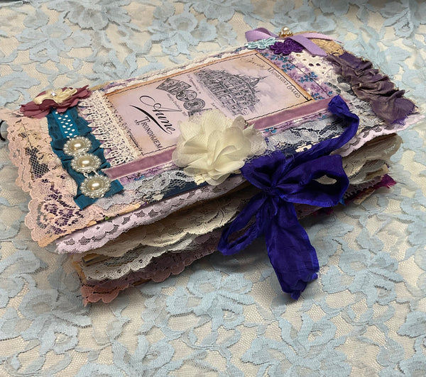 Handmade Victorian Junk Journal Purple Themed Tags Pockets Lace OOAK