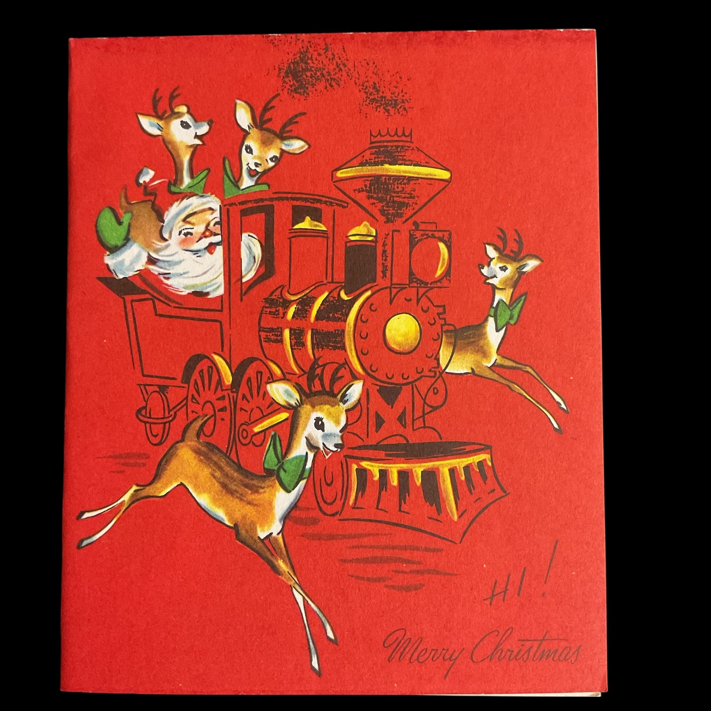 Vintage Christmas Card Santa Train Reindeer USED