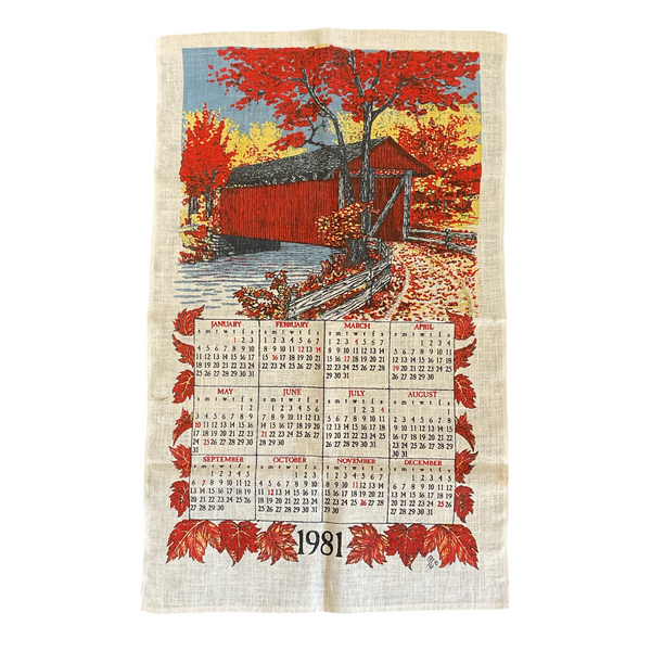 Vintage 1981 Calendar Tea Towel Covered Bridge Fall Trees