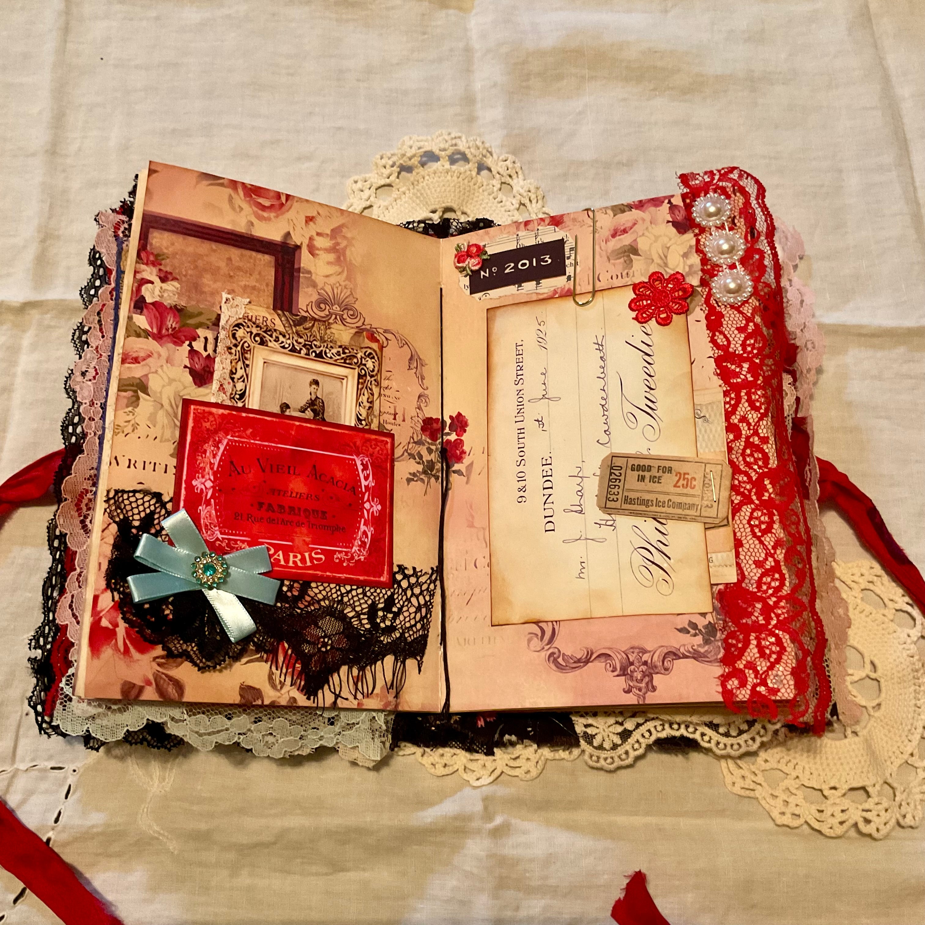 Victorian Junk Journal Handmade Red and Black Themed Tags Pockets OOAK