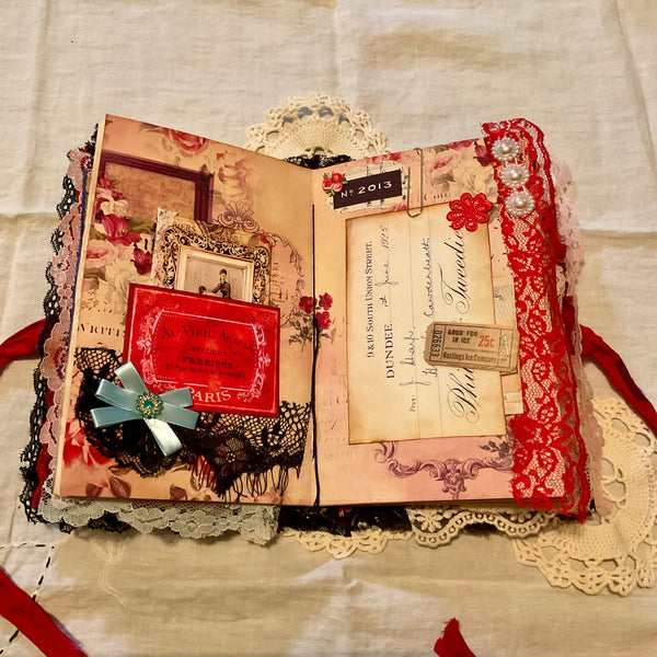 Victorian Junk Journal Handmade Red and Black Themed Tags Pockets OOAK