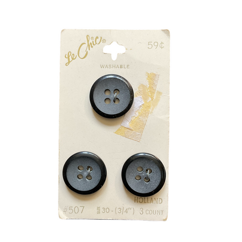 Vintage 3/4” Le Chic 507 Matte Black 4 Hole Buttons 3 on Card