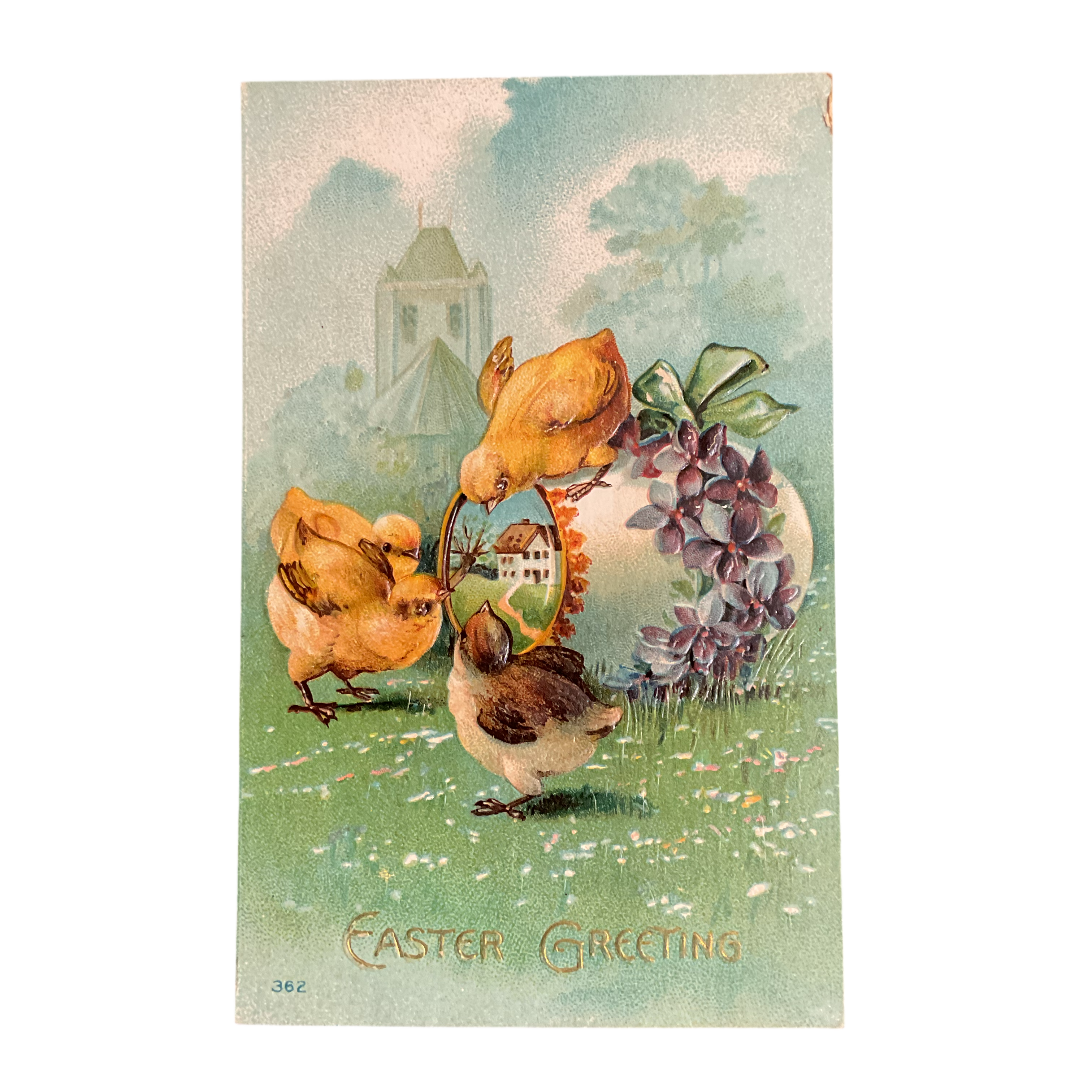 Vintage Easter Postcard Baby Chicks Egg and Violets