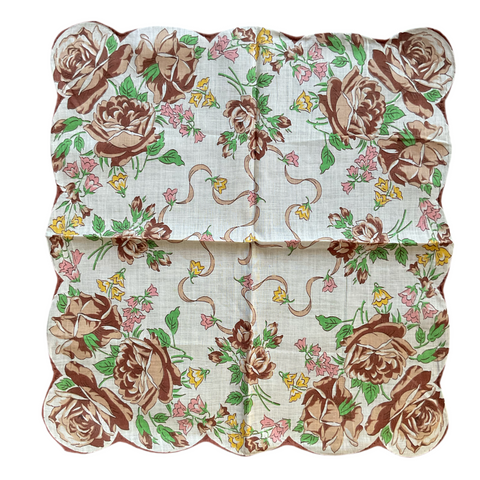 Vintage Brown Roses Pink and Yellow Floral Printed Ladies Hankie Green Leaves