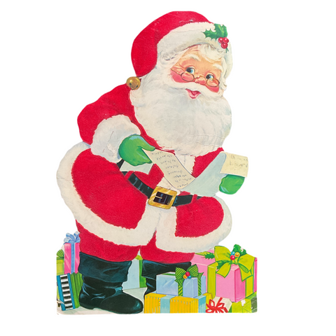 Vintage 1970s Die Cut Flocked Santa Paper Christmas Decoration