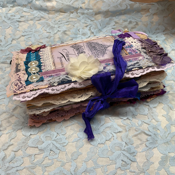 Handmade Victorian Junk Journal Purple Themed Tags Pockets Lace OOAK