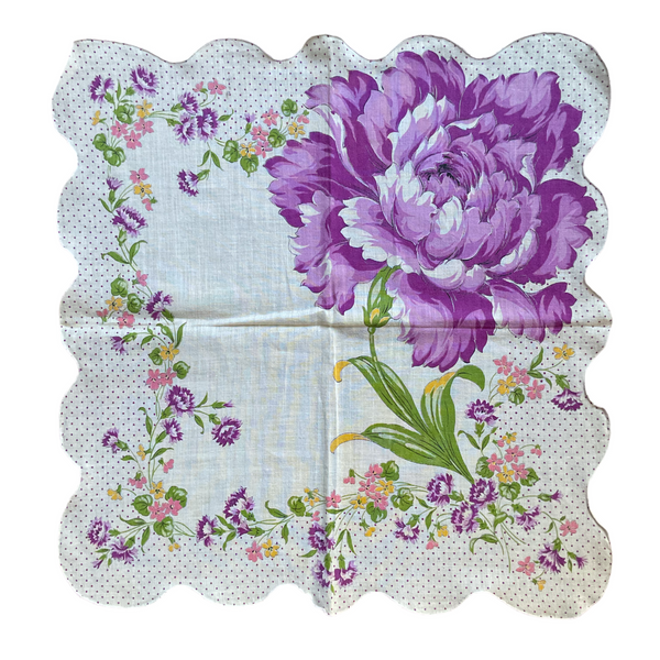 Vintage Floral Printed Hankie Huge Purple Flower Gray Scalloped Polka Dot Border