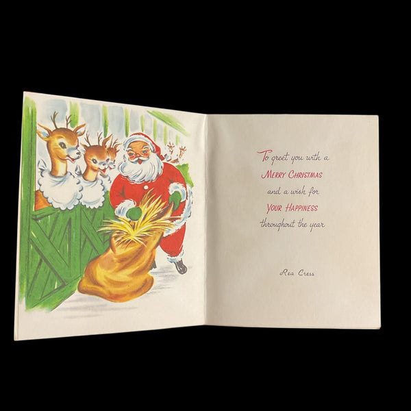 Vintage Christmas Card Santa Train Reindeer USED