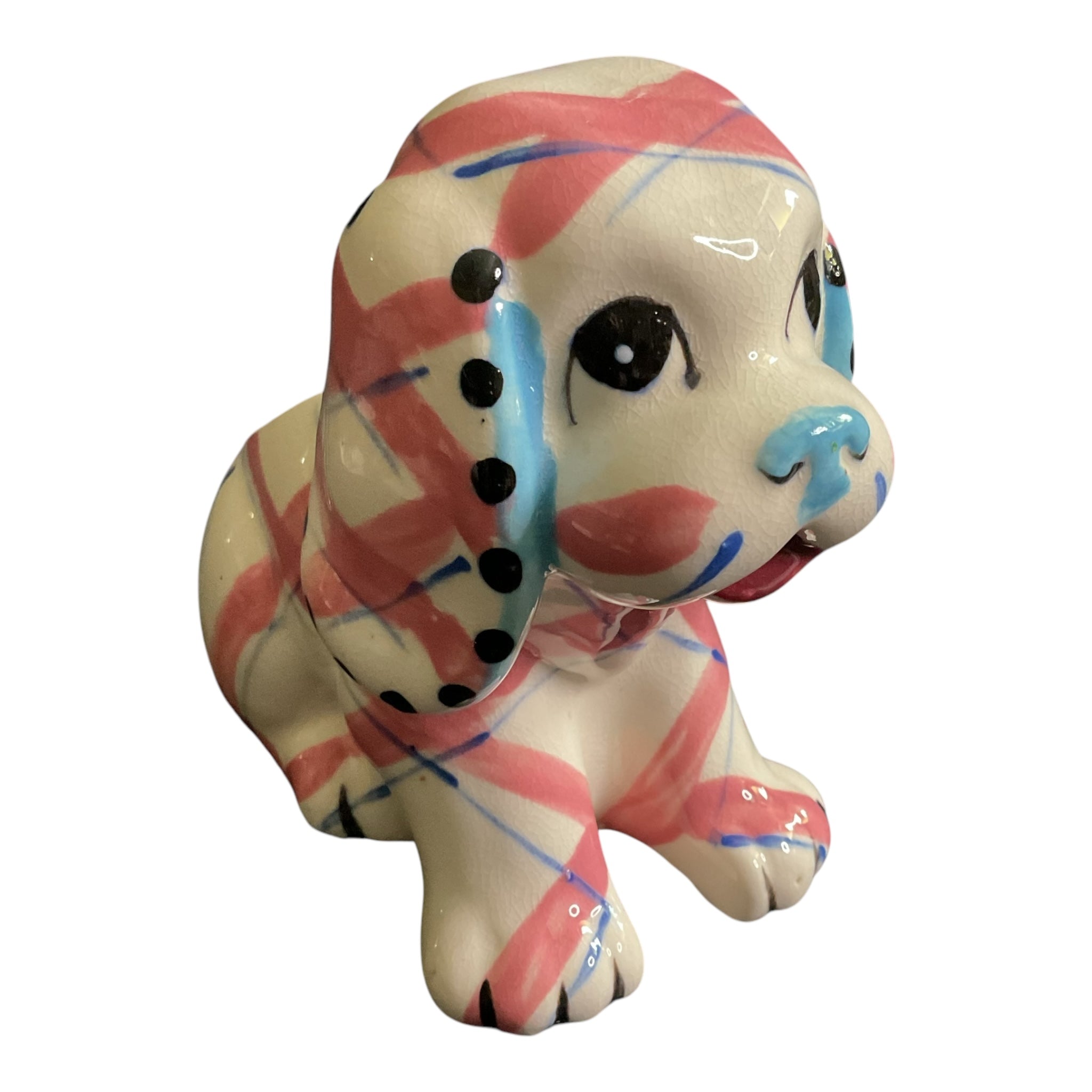 Vintage Pink and Blue Plaid Puppy Dog Ceramic Planter Marilyn Exclusive
