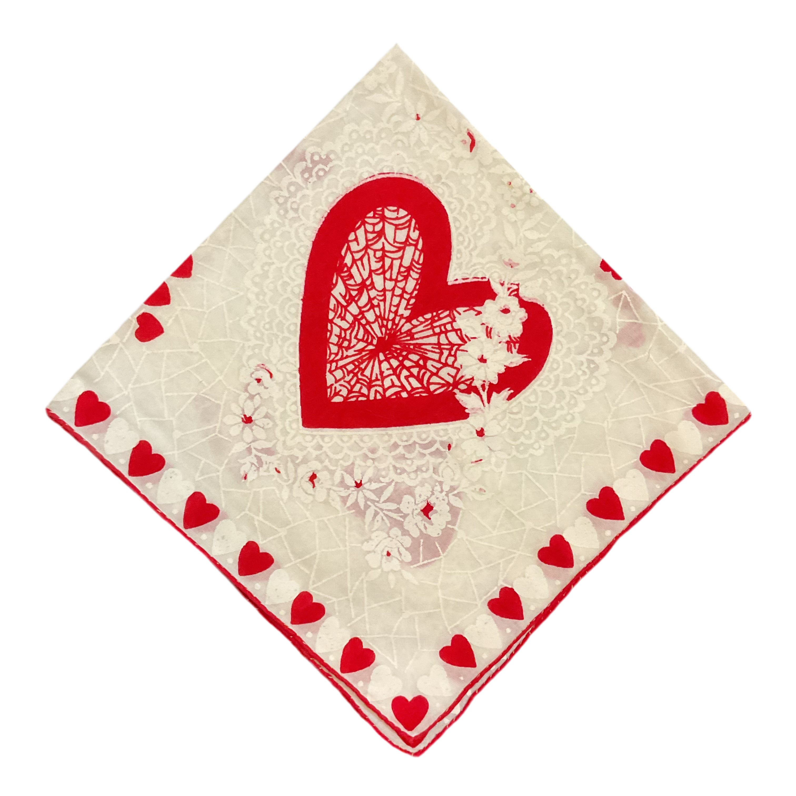 Vintage Valentine Hanky Red Heart Border White Flowers Ladies Handkerchief