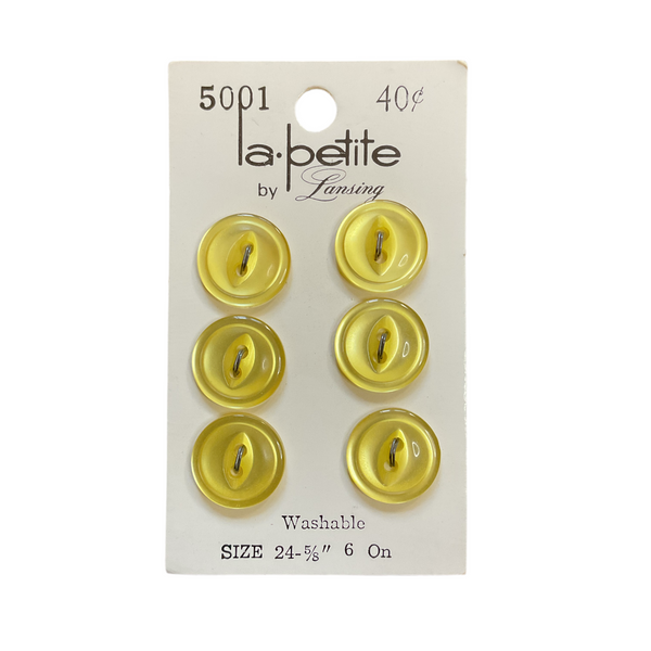 Vintage 5001 La Petite 5/8 Yellow 2 Hole Buttons 6 on Button Card