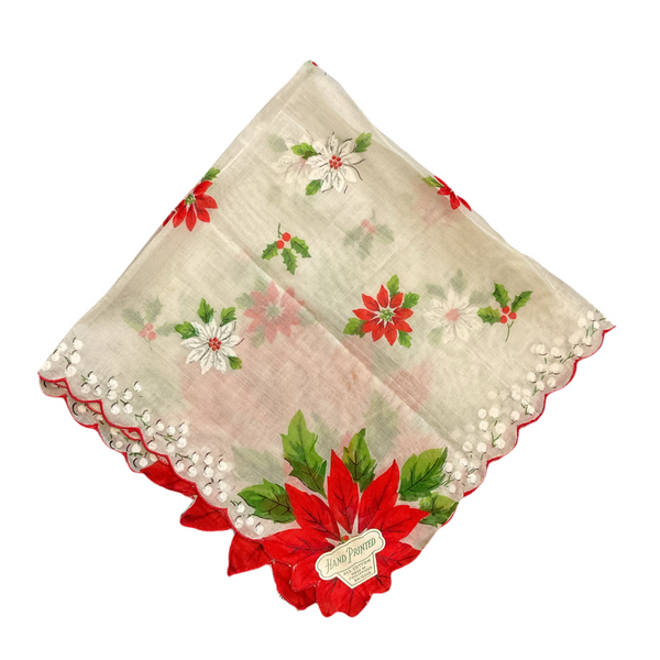 Vintage Christmas Hankie Large Red Poinsettias Floral Printed Ladies Handkerchief