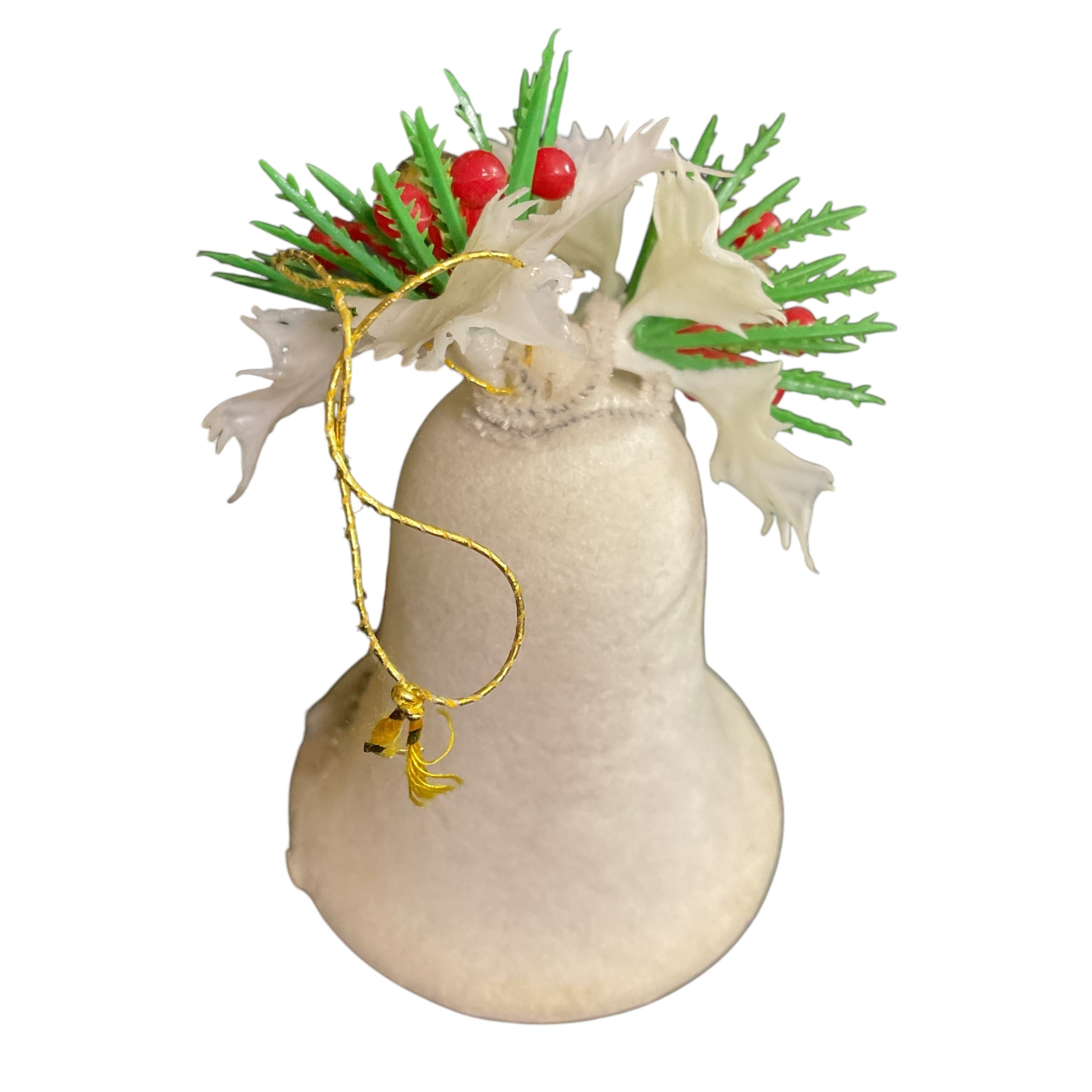 Vintage Christmas Santa Ornament White Plastic Flocked Bell Decoration with Holly - Avid Vintage