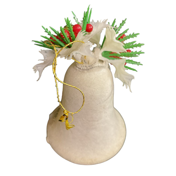 Vintage Christmas Santa Ornament White Plastic Flocked Bell Decoration with Holly