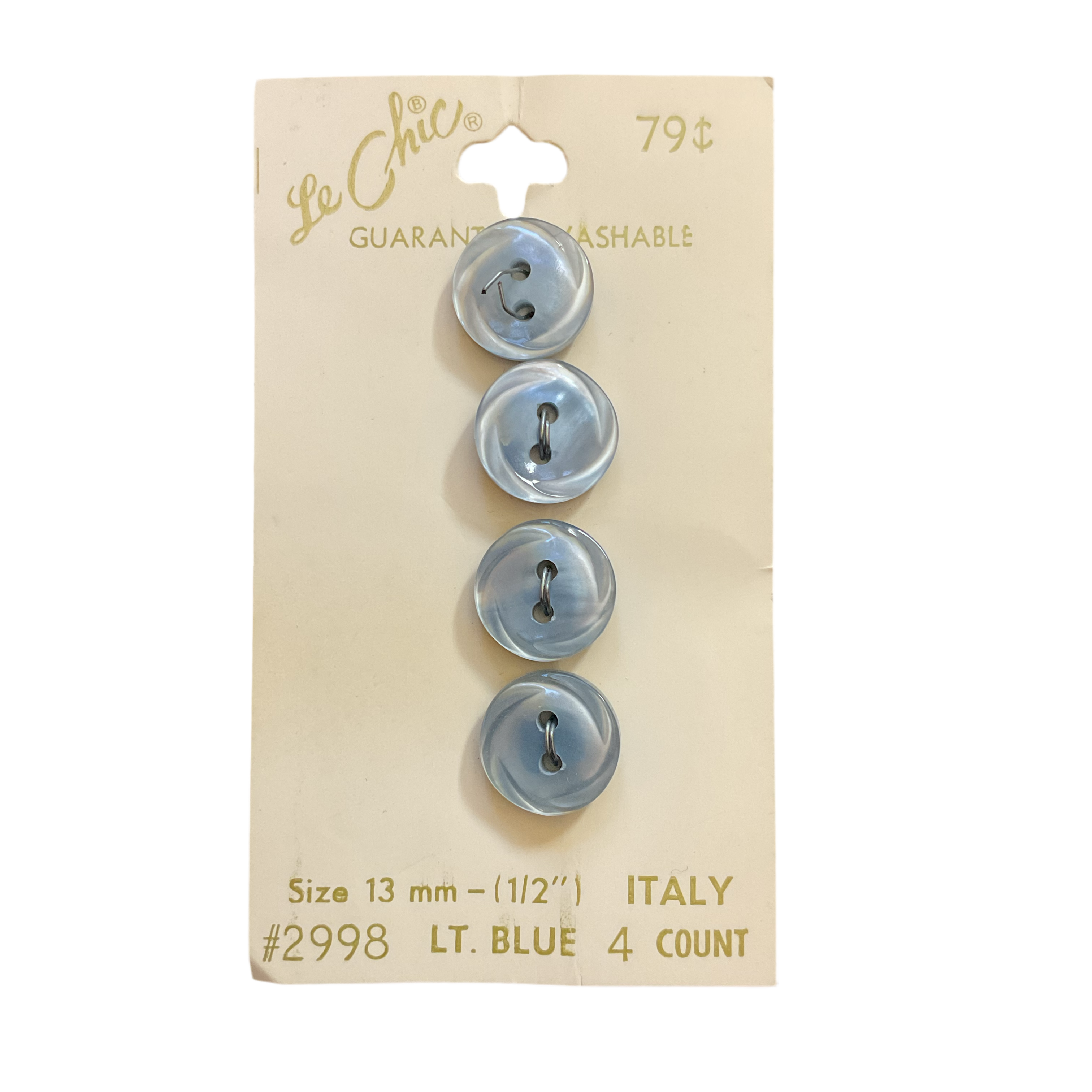 Vintage 2998 Le Chic 1/2 Light Blue 2 Hole Buttons 4 on Button Card