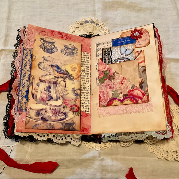 Victorian Junk Journal Handmade Red and Black Themed Tags Pockets OOAK