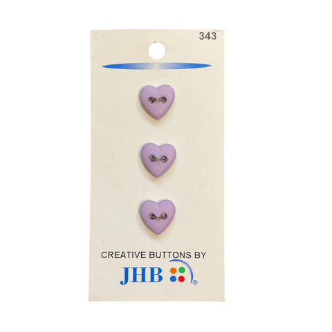 JHB 7/16 Light Purple Plastic 2 Hole Heart Shaped Buttons 3 on Button Card