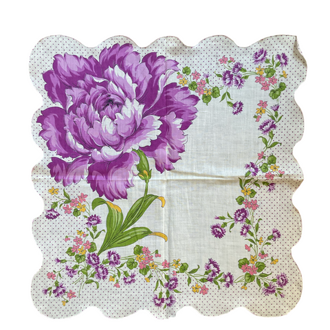 Vintage Floral Printed Hankie Huge Purple Flower Gray Scalloped Polka Dot Border