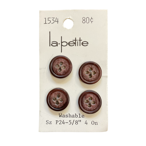 Vintage 1534 La Petite 5/8 Matte Brown 4 Hole Buttons 4 on Card