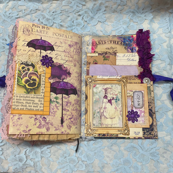 Handmade Victorian Junk Journal Purple Themed Tags Pockets Lace OOAK