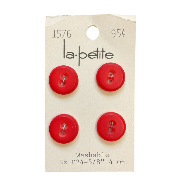 Vintage 1576 La Petite 5/8 Red Plastic 2 Hole Buttons 4 on Card