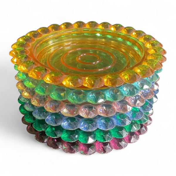 Vintage Plastic Drink Coasters Rainbow Colors Faceted Border