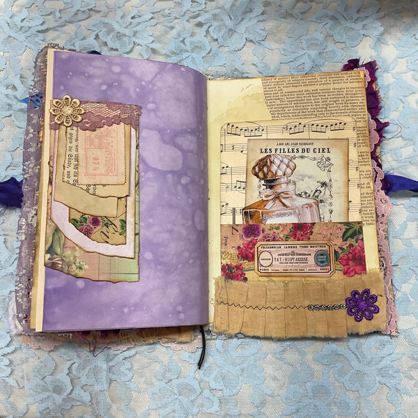 Handmade Victorian Junk Journal Purple Themed Tags Pockets Lace OOAK