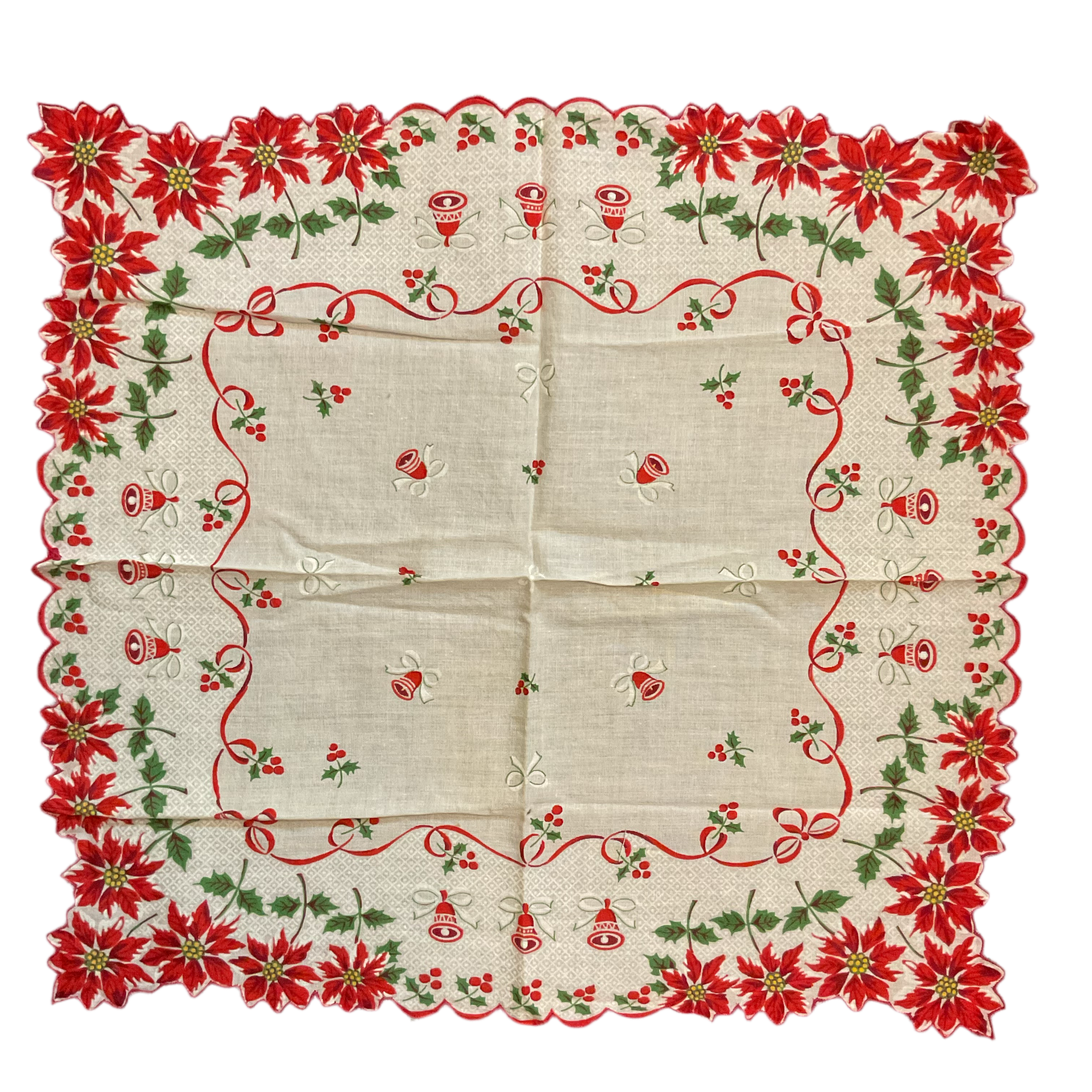 Vintage Christmas Hankie Red Ribbon Poinsettia Border Bells Ladies Handkerchief