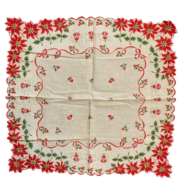 Vintage Christmas Hankie Red Ribbon Poinsettia Border Bells Ladies Handkerchief