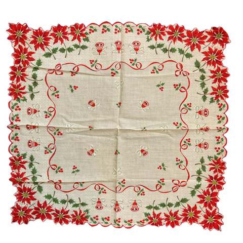 Vintage Christmas Hankie Red Ribbon Poinsettia Border Bells Ladies Handkerchief