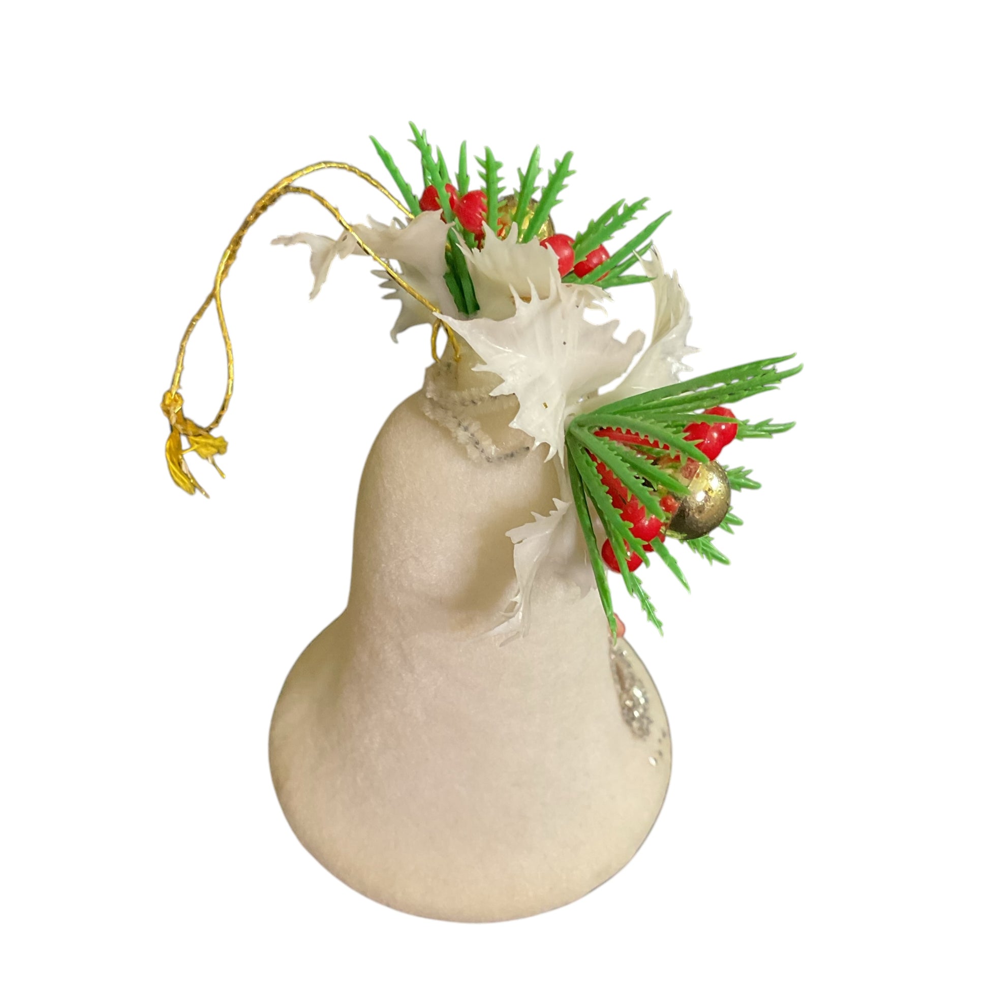 Vintage Christmas Santa Ornament White Plastic Flocked Bell Decoration with Holly - Avid Vintage