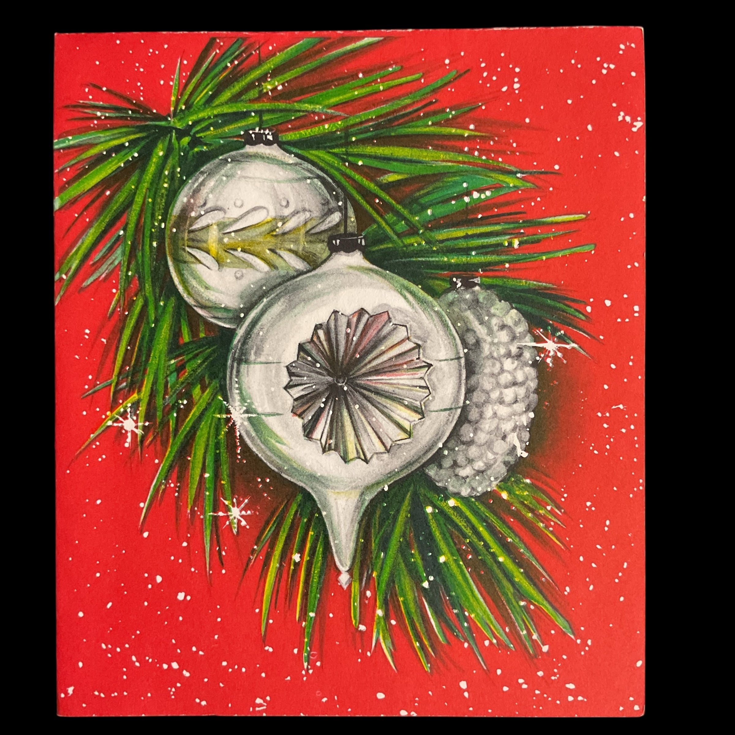 Vintage 1960s Hallmark Christmas Card Silver Indent Ornaments USED