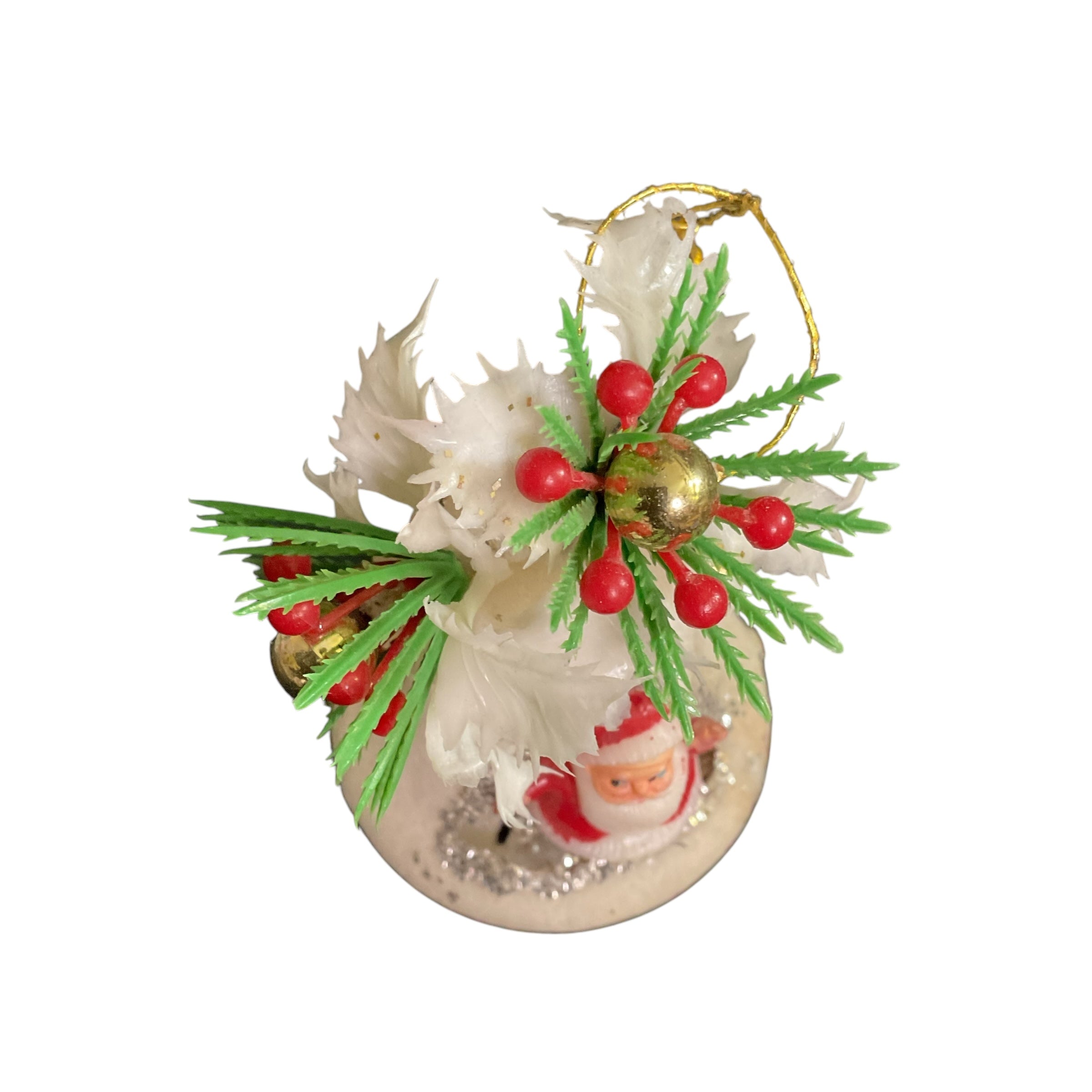 Vintage Christmas Santa Ornament White Plastic Flocked Bell Decoration with Holly - Avid Vintage