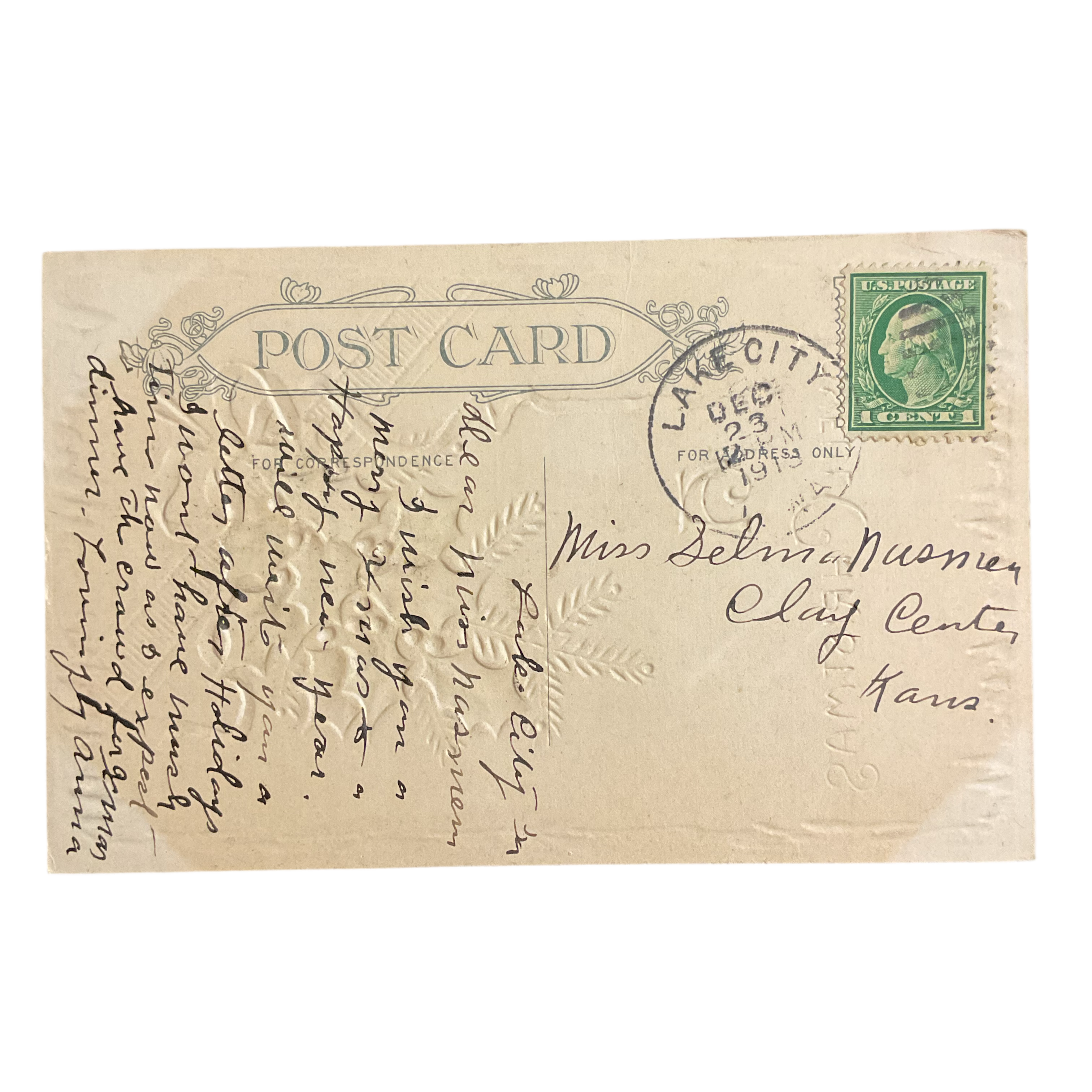 Vintage Postcard A Joyful Christmas Holly Pink Ribbon