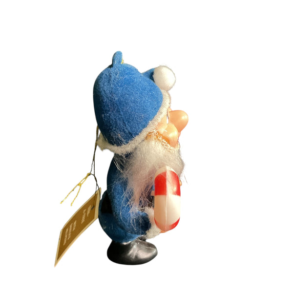Vintage Blue Elf Flocked Christmas Ornament Candy Cane Gnome