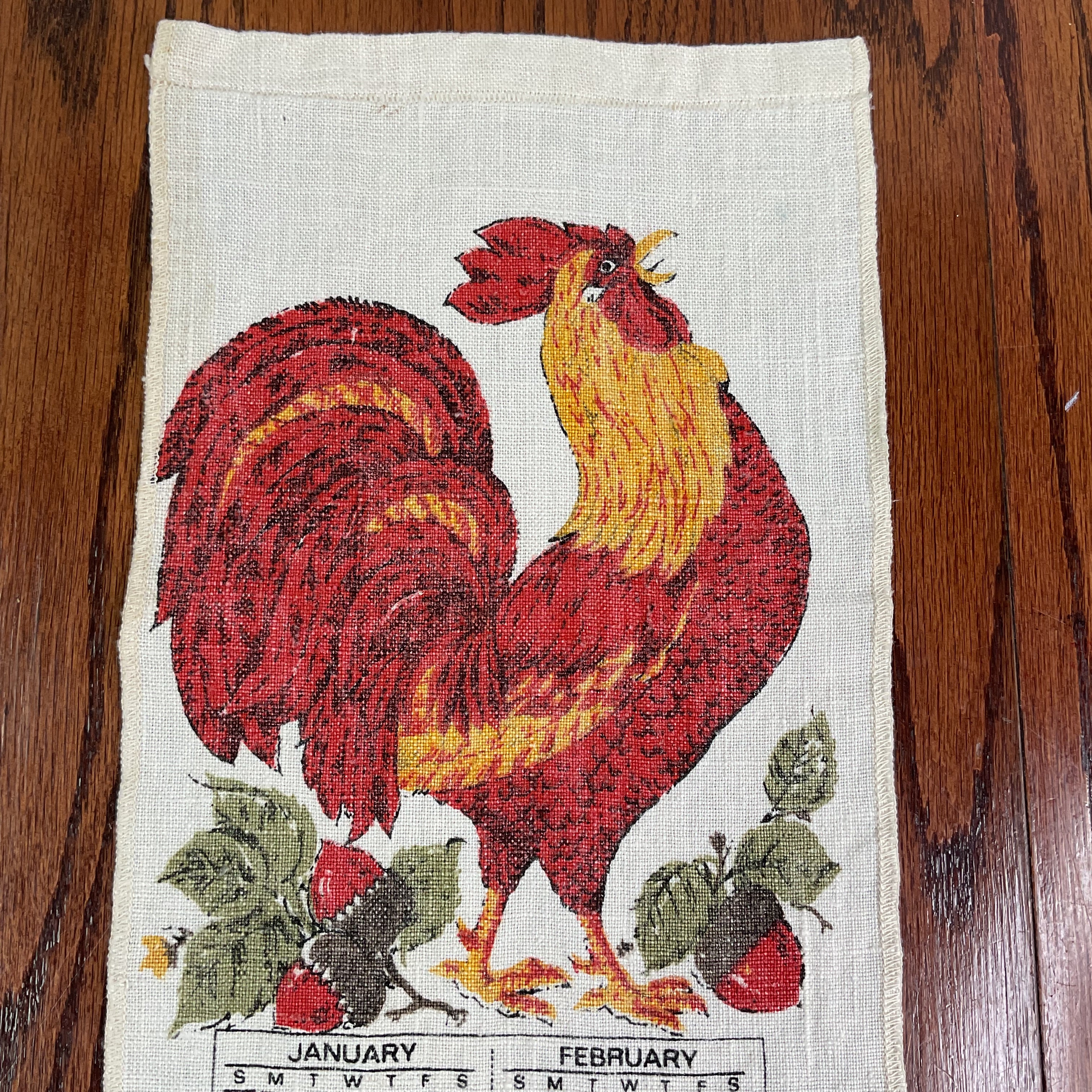 Vintage 1971 Rooster Linen Kitchen Calendar Tea Towel