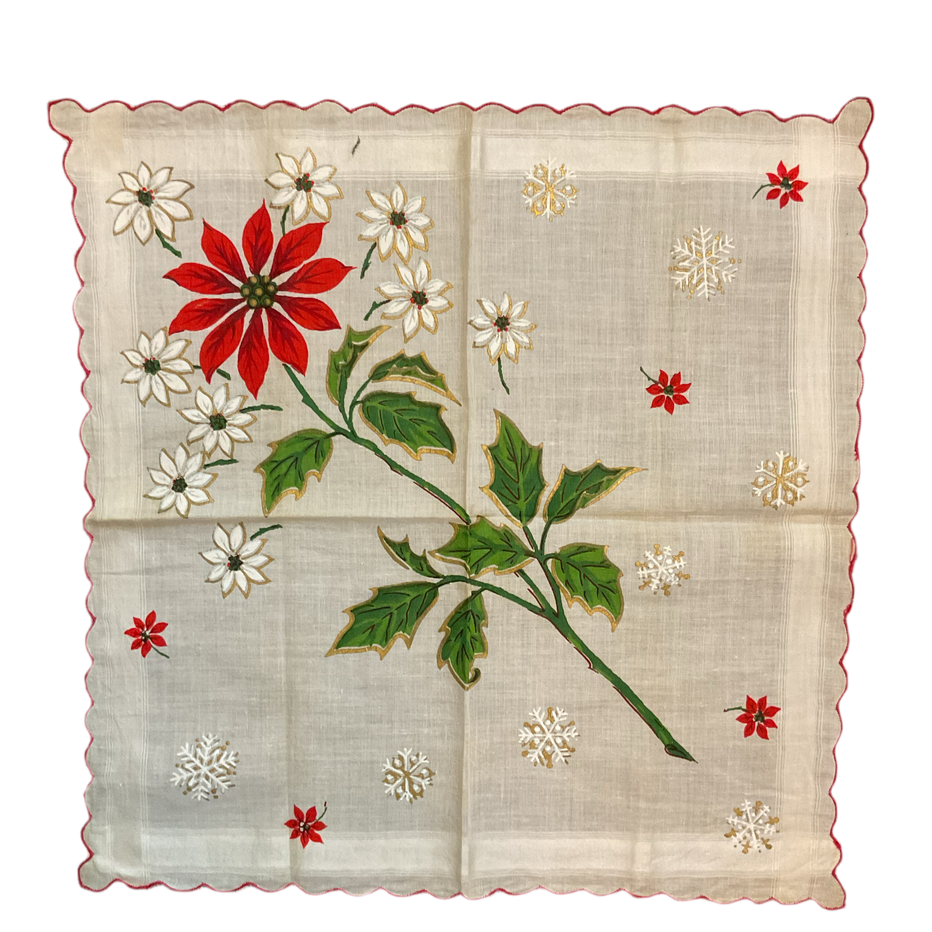 Vintage Christmas Handkerchief Scalloped Border Large Poinsettia Snowflakes Hankie