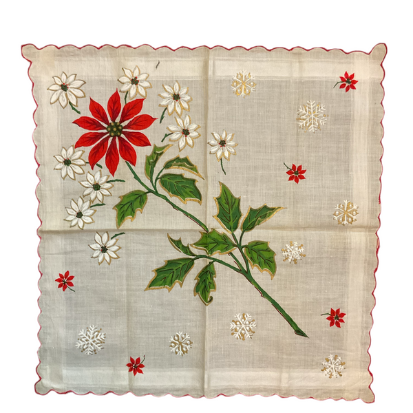 Vintage Christmas Handkerchief Scalloped Border Large Poinsettia Snowflakes Hankie