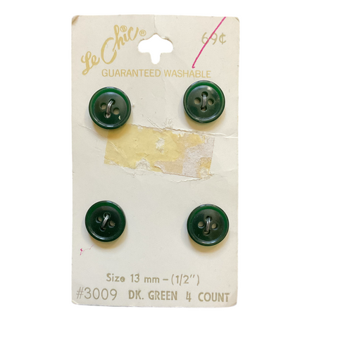 Vintage 3009 Le Chic 1/2 Shiny Dark Green 4 Hole Buttons 4 on Card