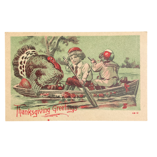 Vintage Thanksgiving Postcard Boys in Boat Large Turkey Unused