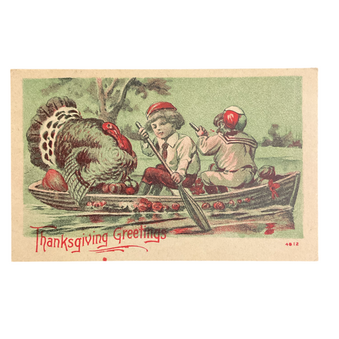 Vintage Thanksgiving Postcard Boys in Boat Large Turkey Unused