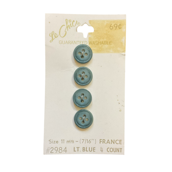Vintage 2984 Le Chic 7/16 Shiny Light Blue 4 Hole Buttons 4 on Card