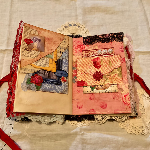 Victorian Junk Journal Handmade Red and Black Themed Tags Pockets OOAK