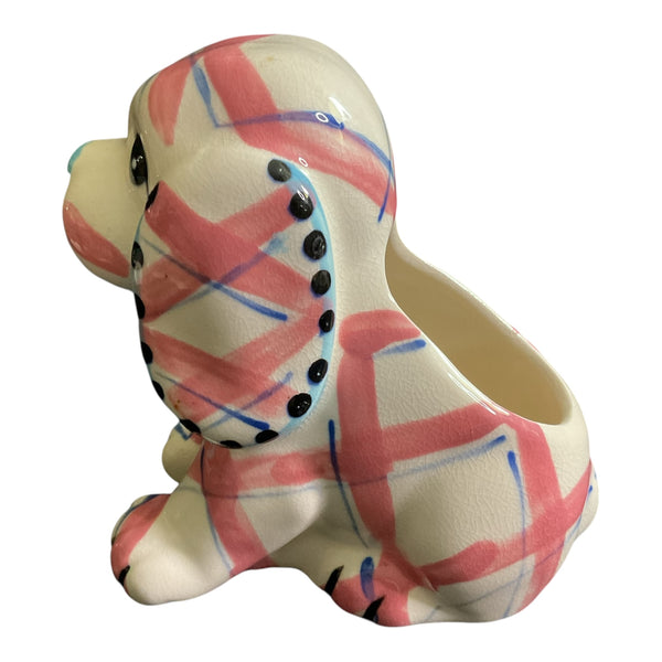 Vintage Pink and Blue Plaid Puppy Dog Ceramic Planter Marilyn Exclusive