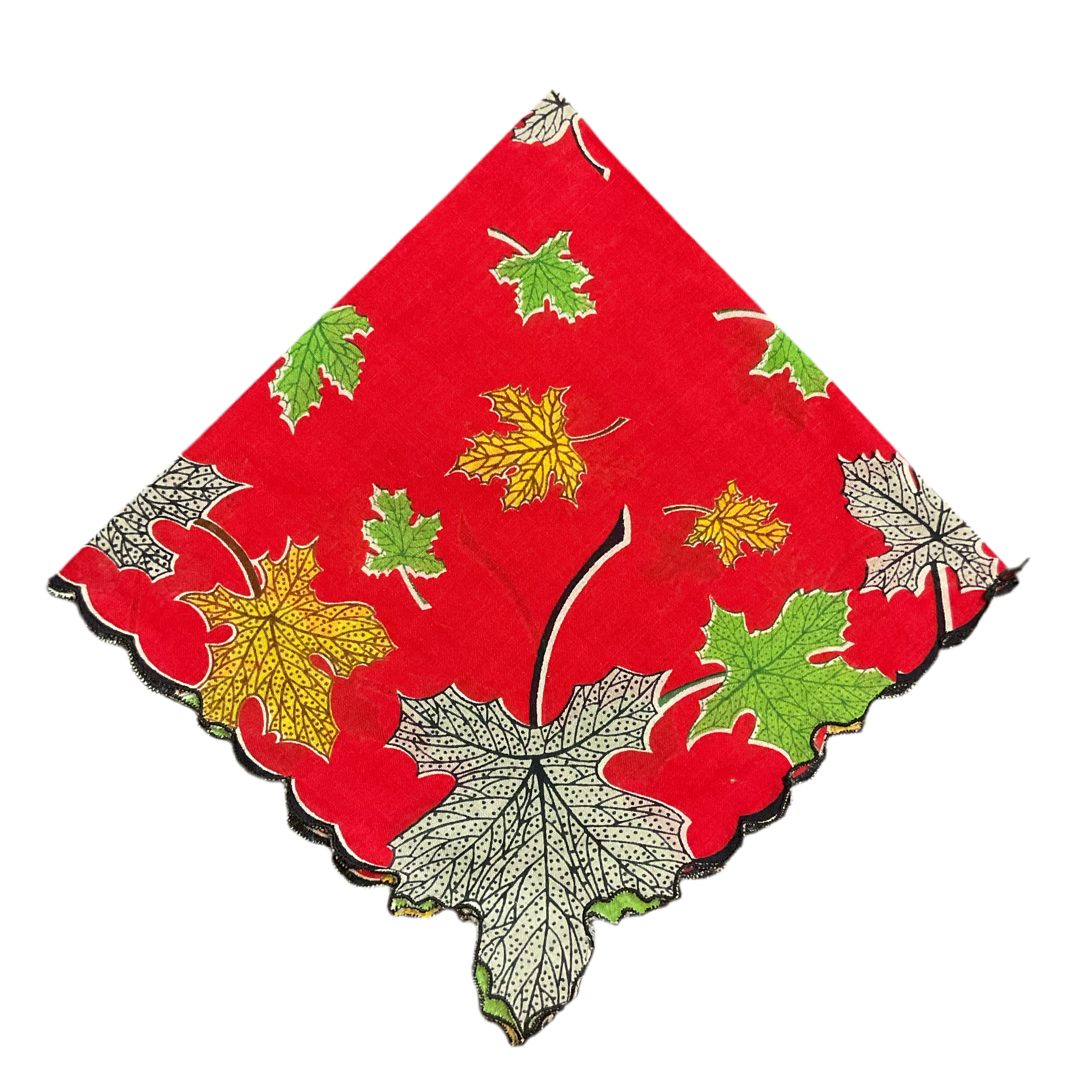 Vintage Fall Hankie Colorful Leaves on Red Autumn Handkerchief