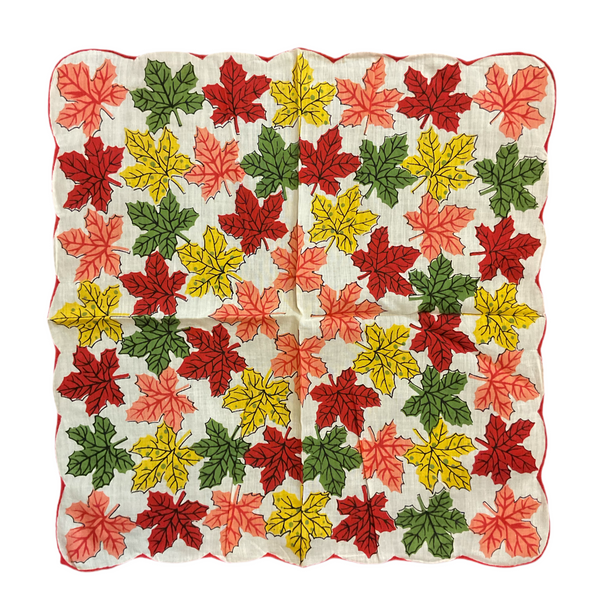 Vintage Hankie Colorful Fall Leaves on White Autumn Handkerchief