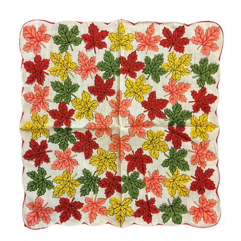 Vintage Hankie Colorful Fall Leaves on White Autumn Handkerchief