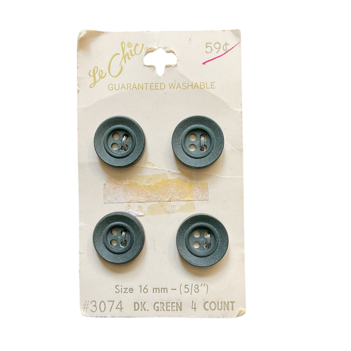 3074 Vintage 3074 Le Chic 5/8 Dark Green 4 Hole Buttons 4 on Button Card ...