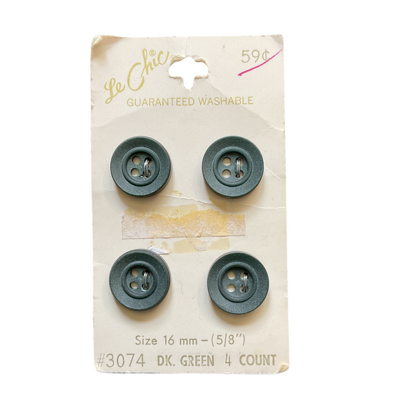 Vintage 3074 Le Chic 5/8 Dark Green 4 Hole Buttons 4 on Button Card